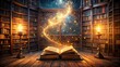 © Sujid - Magic book in enchanting library with spirits & glowing light in the room, magic, book, enchanting, library, spirits