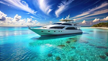 Sticker - Luxury yacht sailing on crystal clear waters, luxury, yacht, sailing, crystal clear, waters, ocean, relaxation