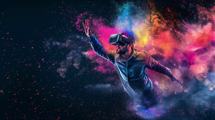 Man in VR glasses, various colors exploding and spreading out, on a black background