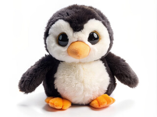 Wall Mural - Cuddly plush toy penguin with soft black and white feathers, bright beady eyes, and a sweet expression, isolated on a clean white studio background.