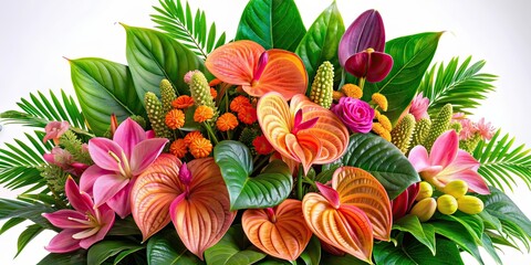 Sticker - Lush tropical arrangement of pink, orange, and green anthuriums and orchids , tropical, flowers, anthuriums, orchids, pink