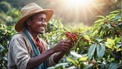 A man farmer harvests coffee.Raw red coffee beans in the hands of a farmer.