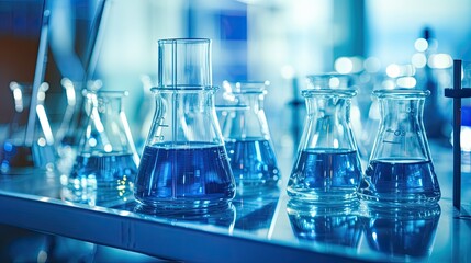 Wall Mural - A close-up of glass beakers and flasks filled with blue liquid