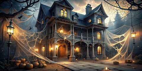 Wall Mural - Haunted mansion with spooky decor, cobwebs, and eerie lighting, haunted, mansion, Halloween, horror, scene, spooky, decor