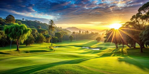 Lush green golf course bathed in morning sunlight, morning, golf, course, lush, green, sunlight, nature, outdoors, sports