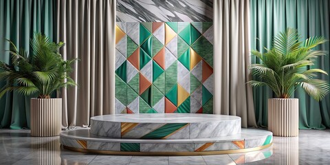 Canvas Print - Luxurious tropical marble podium with colorful geometric shapes and elegant curtains , luxury, tropical, marble, podium