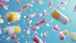 © The 2R Artificiality - White pink pills and yellow and white capsules against blue backdrop