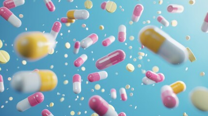 Wall Mural - White pink pills and yellow and white capsules against blue backdrop