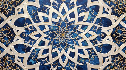 Poster - an intricate blue mosaic artwork showcasing a complex geometric design with shades of blue and gold.