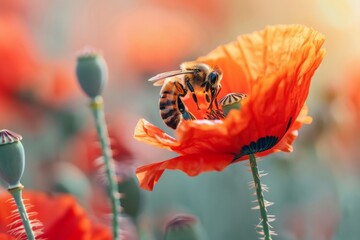 Poster - A captivating close-up shot of a bee perched on a vibrant red flower in full bloom, showcasing the intricate details of nature's artistry and the harmony of pollination.