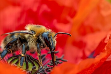 Poster - An extreme macro shot capturing a bee on the vibrant petal of a red flower, highlighting the fine details and textures of the scene, perfect for nature and wildlife enthusiasts.