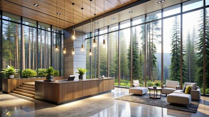 Sticker - Luxurious hotel lobby with floor-to-ceiling forest view, a sleek reception desk, and a natural ambiance