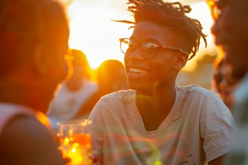 Wall Mural - A group of young friends enjoying drinks and conversation at an outdoor gathering as the sun sets, creating a warm and joyful atmosphere for social interaction.