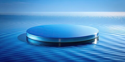 Sticker - Smooth and polished blue circular platform floating on reflective water surface, platform, blue, circular, smooth, polished