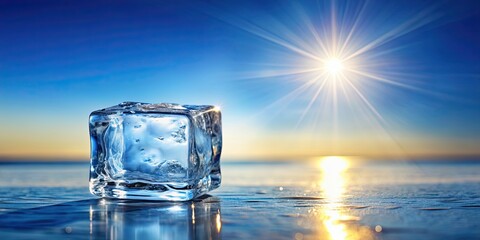 Sticker - Ice cube on a hot summer day, ice, cold, refreshment, cool, crystal clear, frozen, water,melting, cube