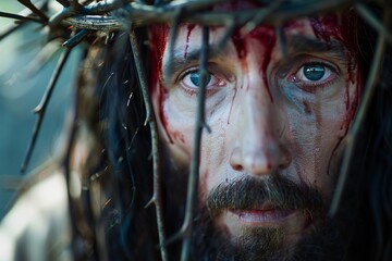 Wall Mural - Man with piercing blue eyes and a crown of thorns, blood trickling down his face in close-up shot