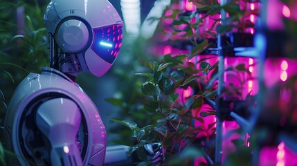 Poster - Futuristic Robotic Gardener Tending to High Tech Neon Lit Plants in Greenhouse