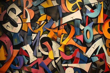 Poster - A close-up view of a wall covered in colorful, overlapping letters and numbers. Generative AI