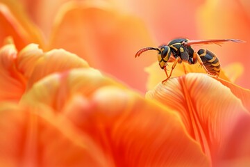 Poster - A macro photograph of a wasp standing on vivid orange flower petals, capturing the intricate details of the wasp against the background of soft-focus colorful petals in nature.