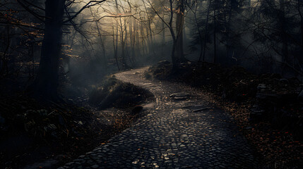 Wall Mural - A dark forest with a path through it