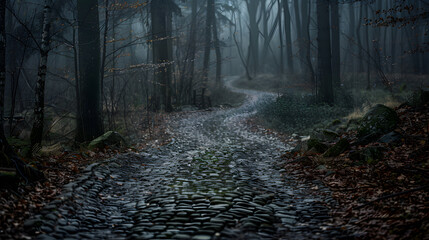 Wall Mural - A dark forest with a path through it