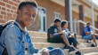 © Alina Tymofieieva - A middle-aged African American student sits on the steps of a university. Great portrait of a young guy.