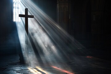 Wall Mural - Sun is shining through the window of a dark church, creating sunbeams lighting a wooden cross