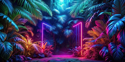 Sticker - Vibrant neon lights illuminate a dark jungle at night, neon lights, jungle, night, trees, vibrant, colorful, darkness