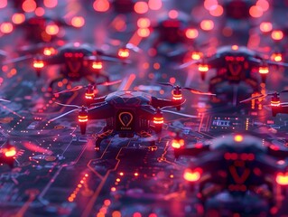Poster - Synchronized Glowing Drone Fleet Visualized as Neural Network Controlled Array of Futuristic Devices