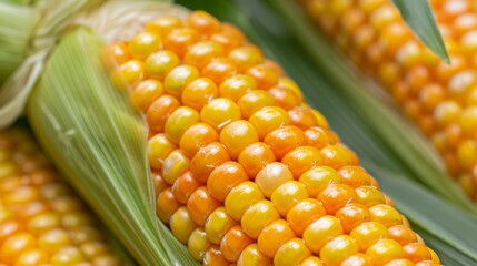 Close-up of genetically modified corn kernels on a cob, showing enhanced characteristics, high detail, no people, focus cover all object, deep dept of field