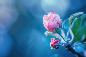 Wall Mural - Apple Bud Blooming in Beautiful Blue Botanical Background