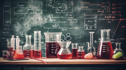 Sticker - A close-up of beakers filled with red liquid