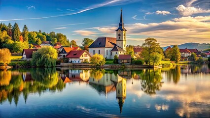 Poster - Small town with a church by the lake , village, scenic, tranquil, peaceful, rural, countryside, reflection