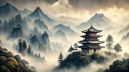 Poster - Japanese temple nestled among majestic mountains in a serene ink painting , Japan, temple, mountains, landscape