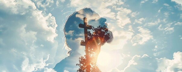 Wall Mural - Man with a beard praying with clouds, a cross, and a bright light shining from above casting a silhouette