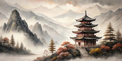 Poster - Japanese temple nestled in the mountains, depicted in a traditional ink painting, Japan, temple, mountains