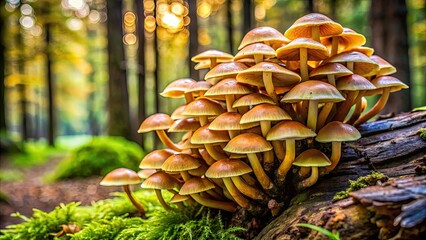 Sticker - Hypholoma fasciculare mushrooms growing on a decaying tree trunk, nature, fungus, forest, wildlife, woodland, close-up