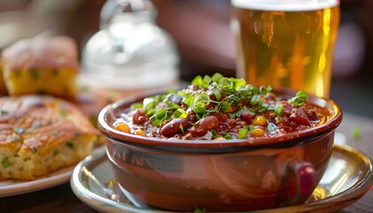 Wall Mural - Chili and Cornbread with a Glass of Beer