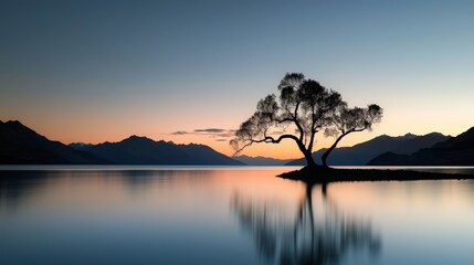 Wall Mural - The serene dawn over Lake Wanaka highlights the solitary beauty of the Wanaka tree, its branches gracefully silhouetted against the morning sky in Wanaka, New Zealand.