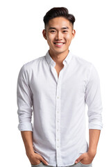 Wall Mural - Handsome young asian man in a white shirt, smiling and looking at the camera, isolated, transparent background, no background. PNG.