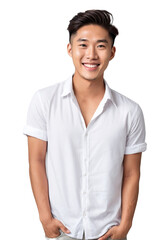 Wall Mural - Handsome young asian man in a white shirt, smiling and looking at the camera, isolated, transparent background, no background. PNG.