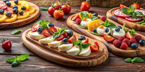 Canvas Print - Italian Spanish mozzarella cheese slices and assorted fruit on wooden platters, mozzarella, cheese, Italian, Spanish, fruit