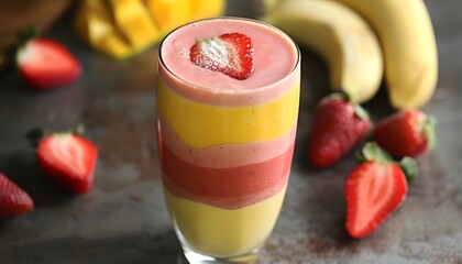 Wall Mural - Delicious layered smoothie with banana, mango, and strawberry