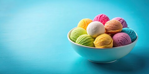 Poster - Sweet dessert of colored ice cream balls in a bowl on a blue background, delicious, dessert, vibrant, colorful, gelato, scoops