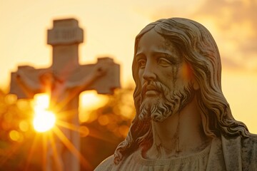 Wall Mural - Serene image of faith and redemption, featuring a statue of jesus christ in the foreground