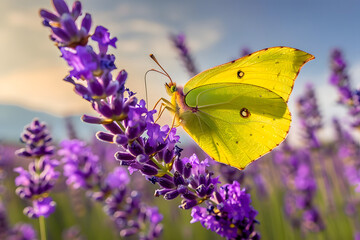 Wall Mural - beautiful yellow gonepteryx rhamni or common brimstone butterfly on a purple lavender flower