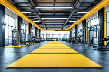 Sticker - Futuristic gym with bright yellow accents and advanced equipment, sleek and modern, vector illustration