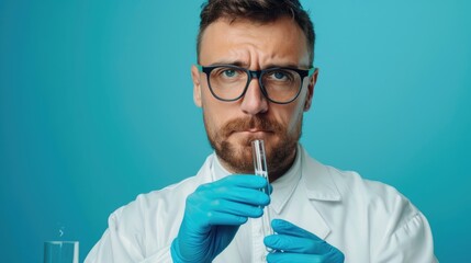 Wall Mural - laboratory employee holding test tube with sample on blue backdrop