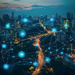 Poster - futuristic smart city with interconnected digital networks optimizing urban living through advanced 
