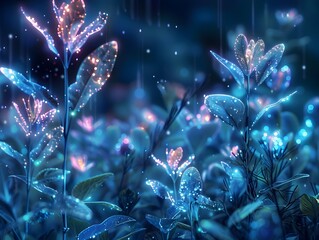 Canvas Print - Glowing Bioluminescent Plants in Futuristic Biotechnology Garden